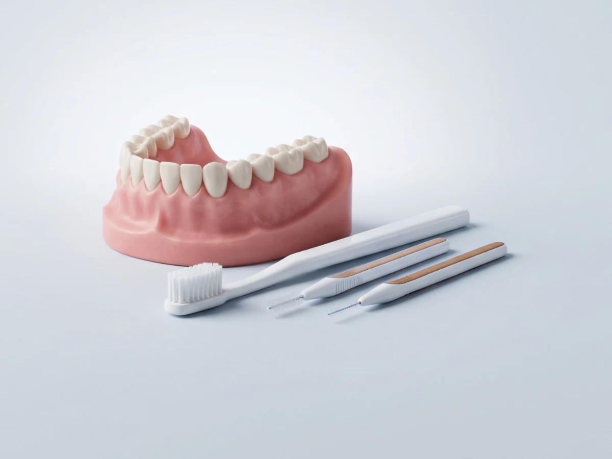 Diş eti modeli; yanında yumuşak diş fırçası ve ara yüz fırçaları